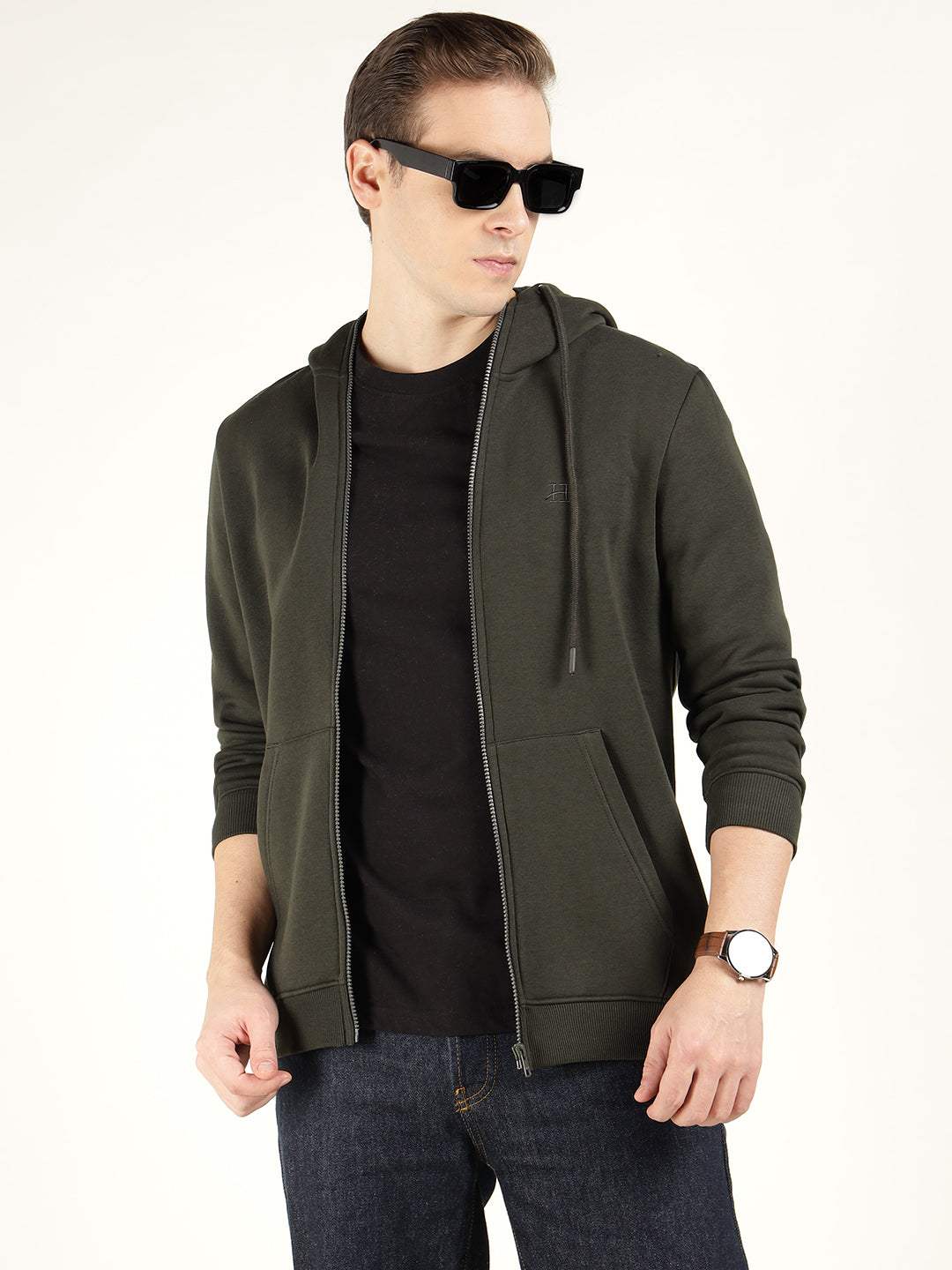 Hancock Men Olive Solid Cotton Rich Regular Fit Casual Sweatshirt