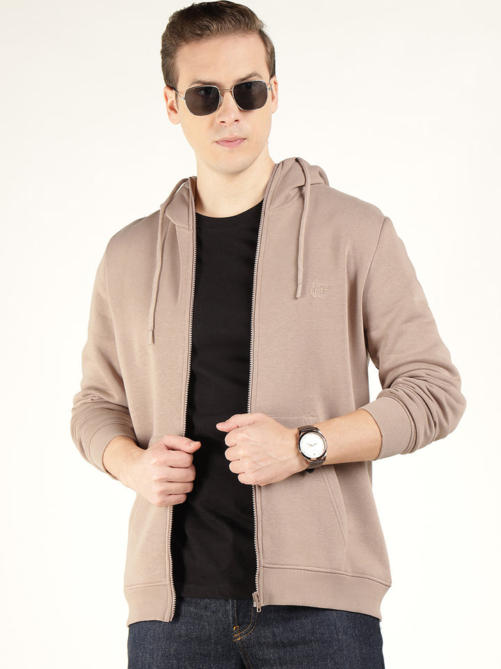 Hancock Men Beige Solid Cotton Rich Regular Fit Casual Sweatshirt