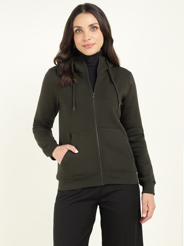 Women Olive Solid Cotton Rich Regular Fit Casual Sweatshirt