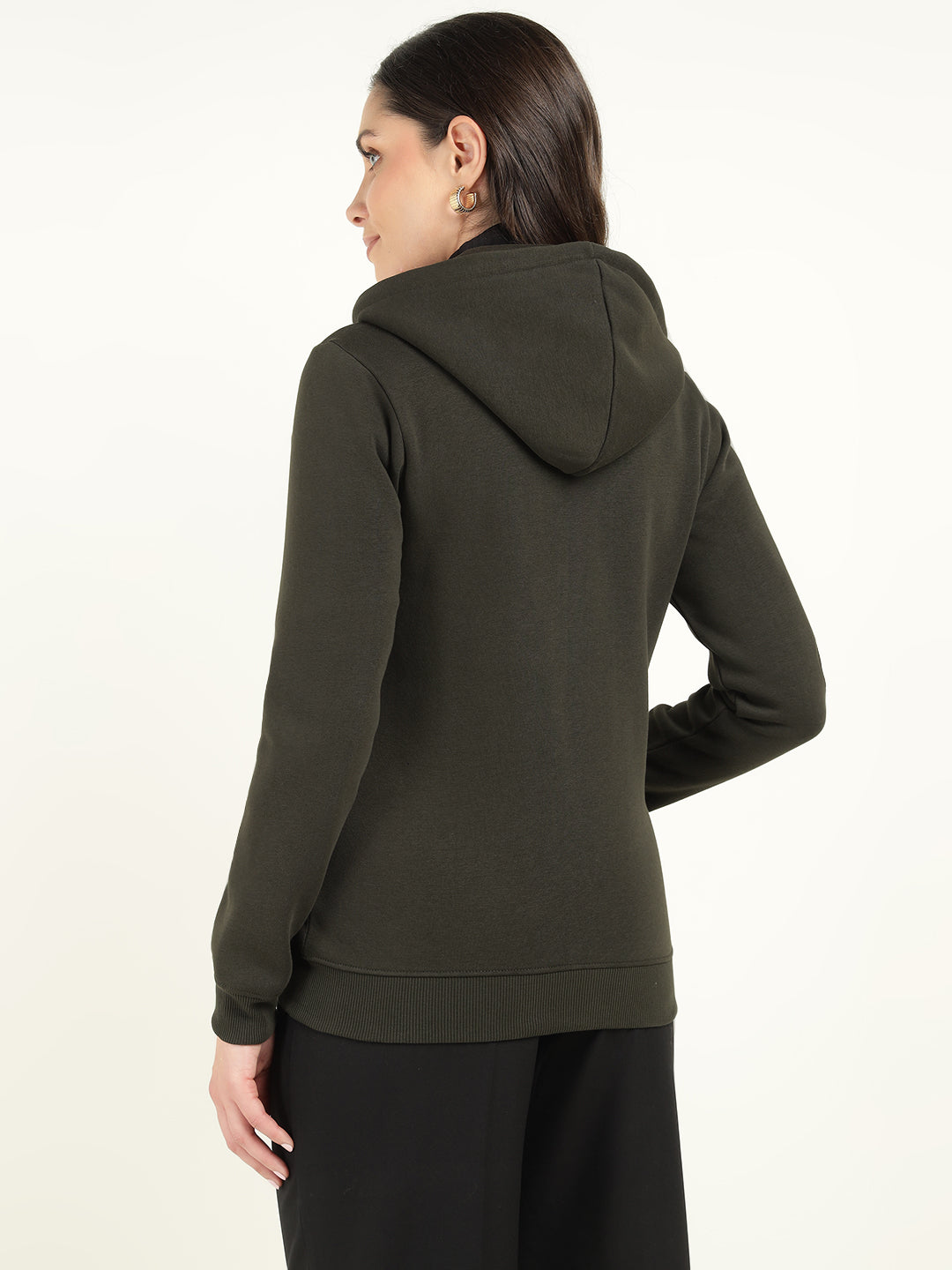 Women Olive Solid Cotton Rich Regular Fit Casual Sweatshirt