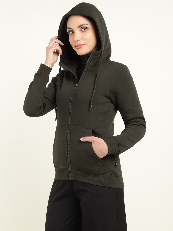 Women Olive Solid Cotton Rich Regular Fit Casual Sweatshirt
