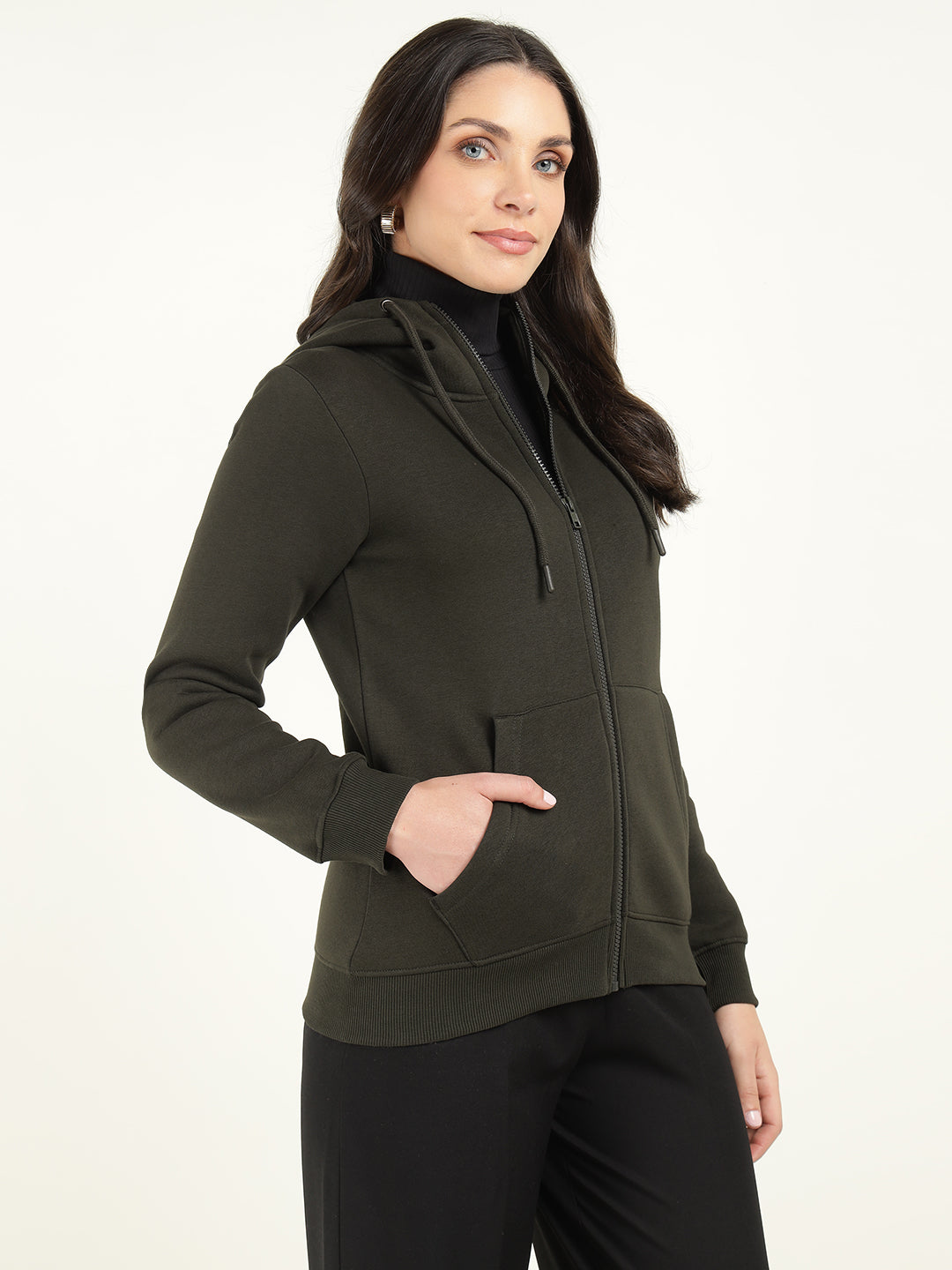 Women Olive Solid Cotton Rich Regular Fit Casual Sweatshirt