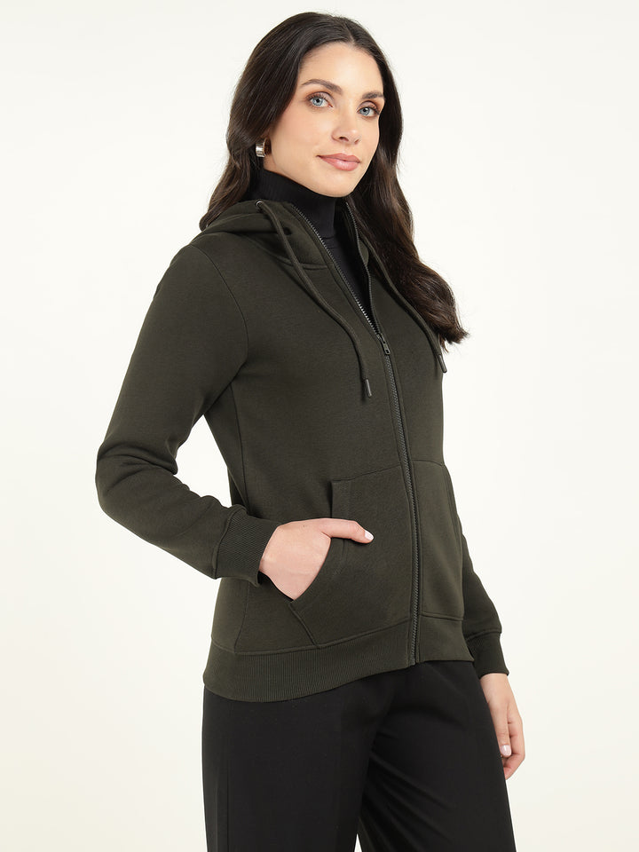 Women Olive Solid Cotton Rich Regular Fit Casual Sweatshirt