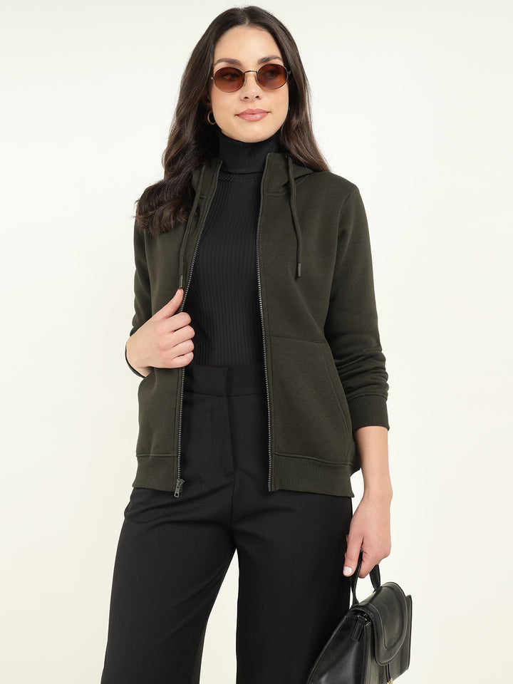 Women Olive Solid Cotton Rich Regular Fit Casual Sweatshirt