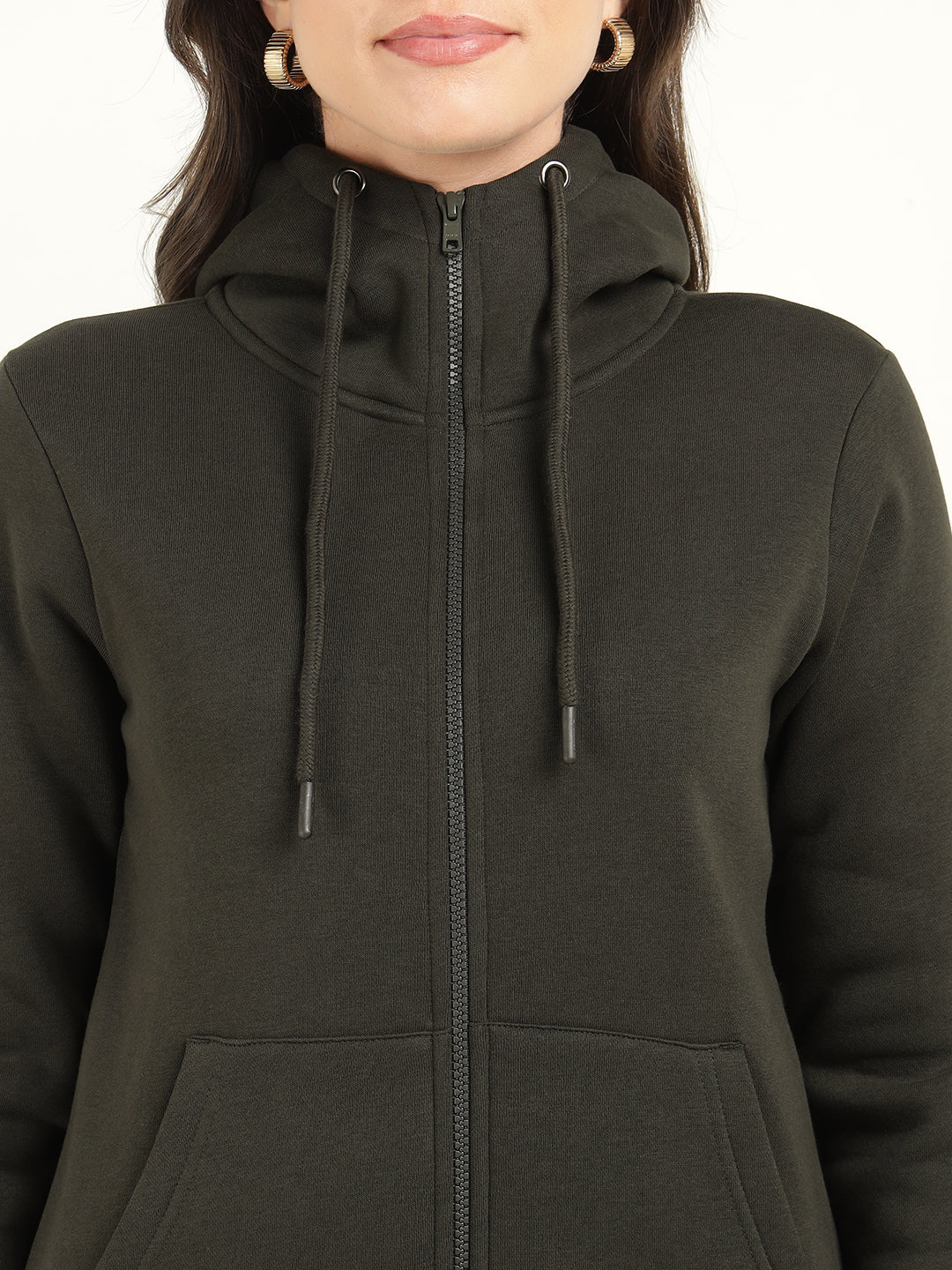 Women Olive Solid Cotton Rich Regular Fit Casual Sweatshirt