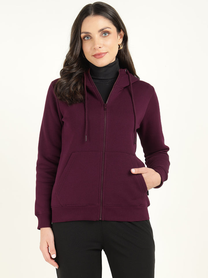 Hancock Women Burgundy Solid Cotton Rich Regular Fit Casual Sweatshirt