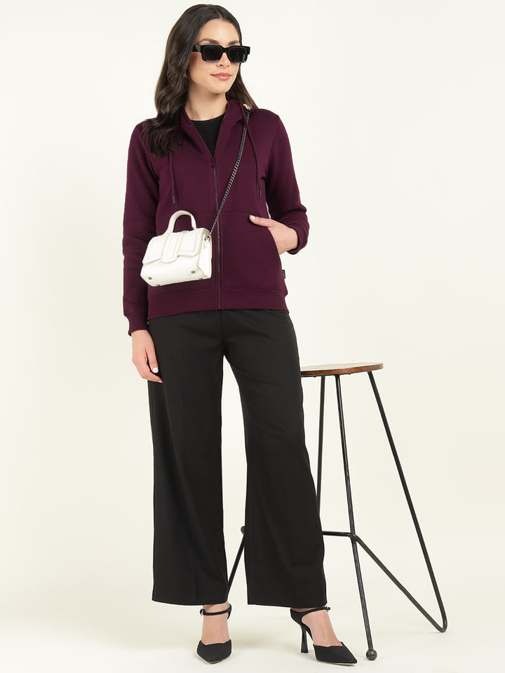 Hancock Women Burgundy Solid Cotton Rich Regular Fit Casual Sweatshirt