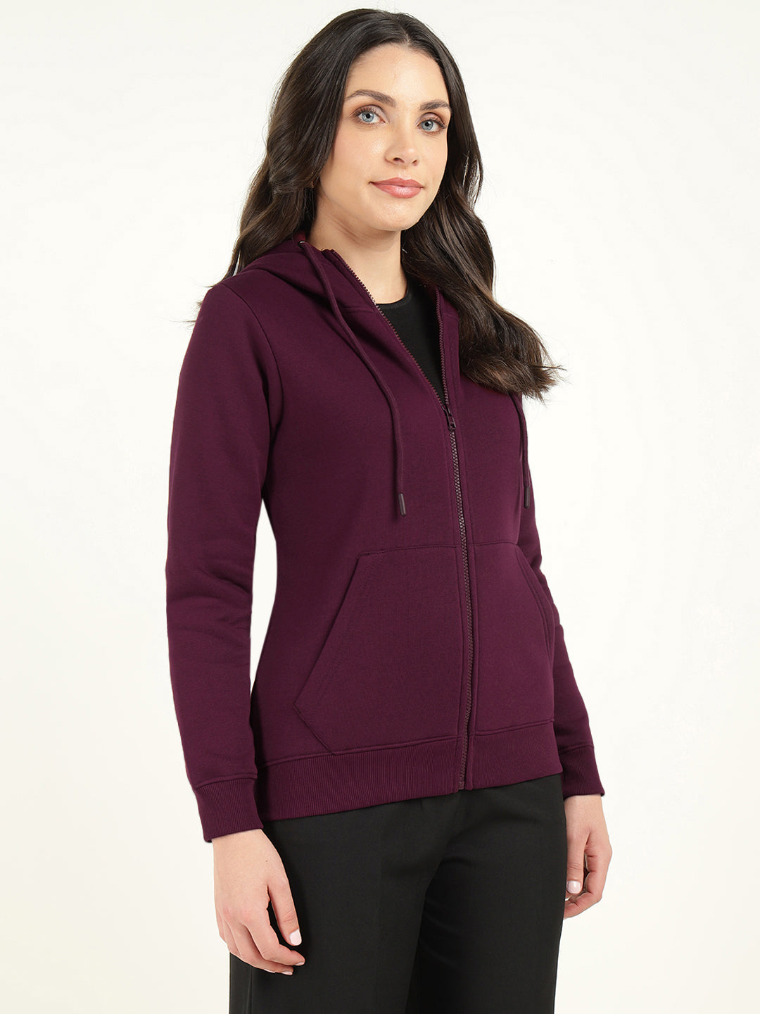 Hancock Women Burgundy Solid Cotton Rich Regular Fit Casual Sweatshirt