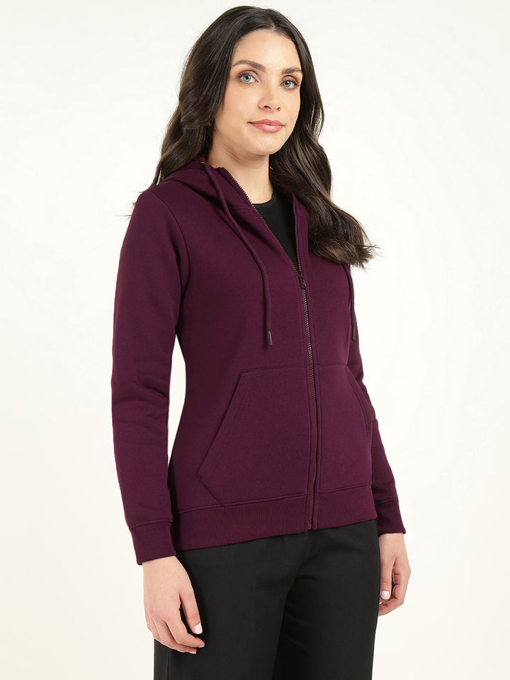 Hancock Women Burgundy Solid Cotton Rich Regular Fit Casual Sweatshirt