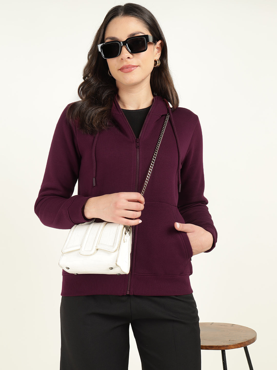 Hancock Women Burgundy Solid Cotton Rich Regular Fit Casual Sweatshirt