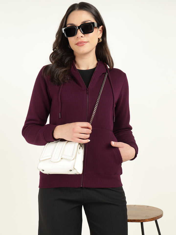 Hancock Women Burgundy Solid Cotton Rich Regular Fit Casual Sweatshirt