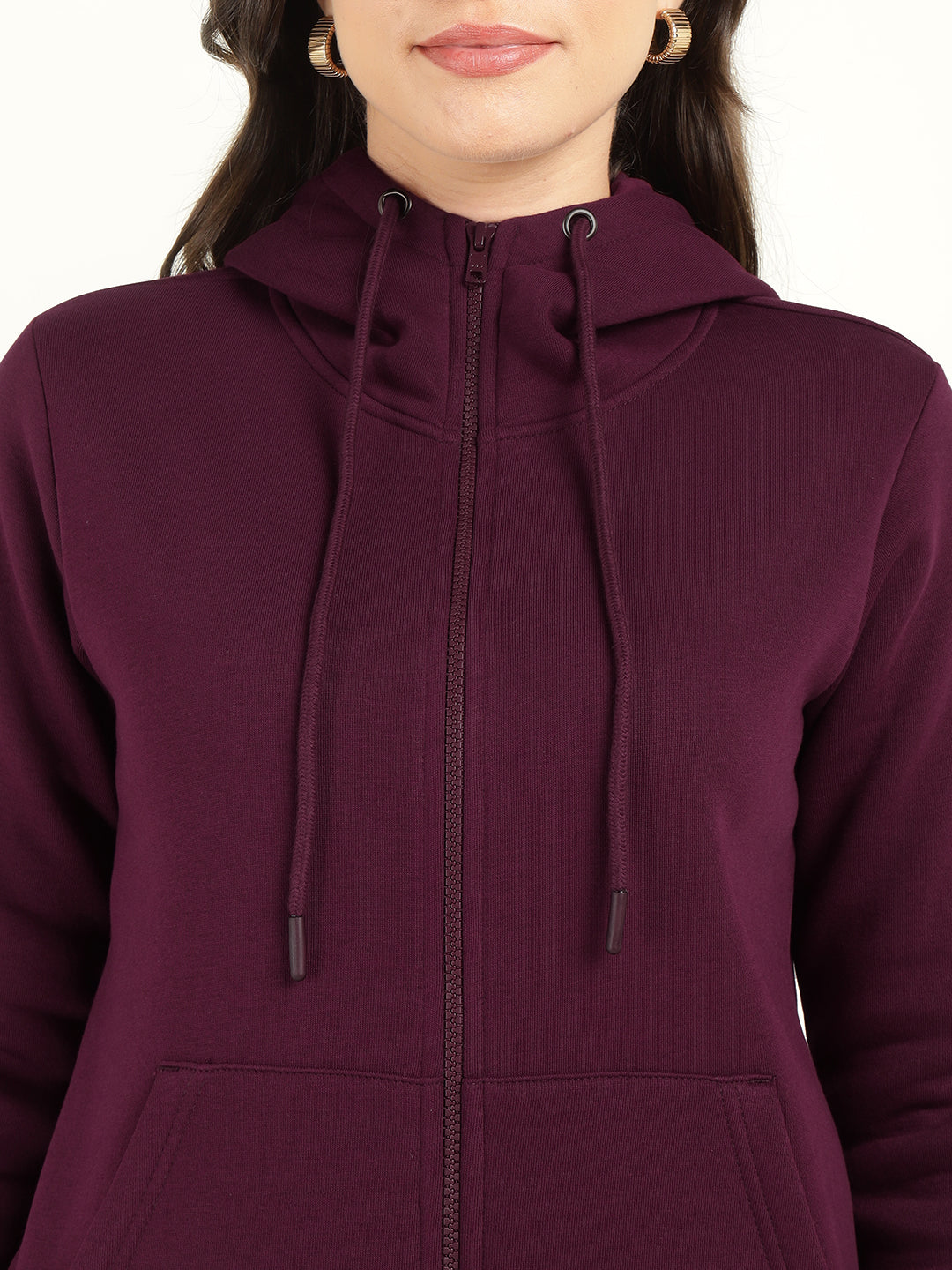 Hancock Women Burgundy Solid Cotton Rich Regular Fit Casual Sweatshirt