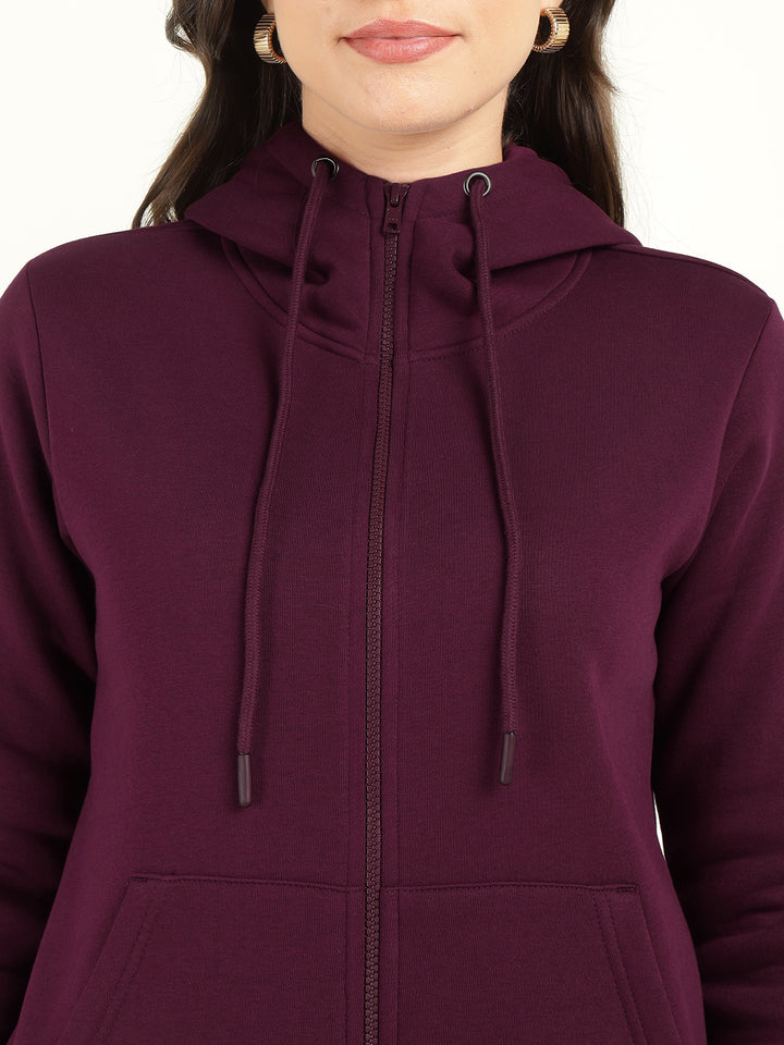 Hancock Women Burgundy Solid Cotton Rich Regular Fit Casual Sweatshirt