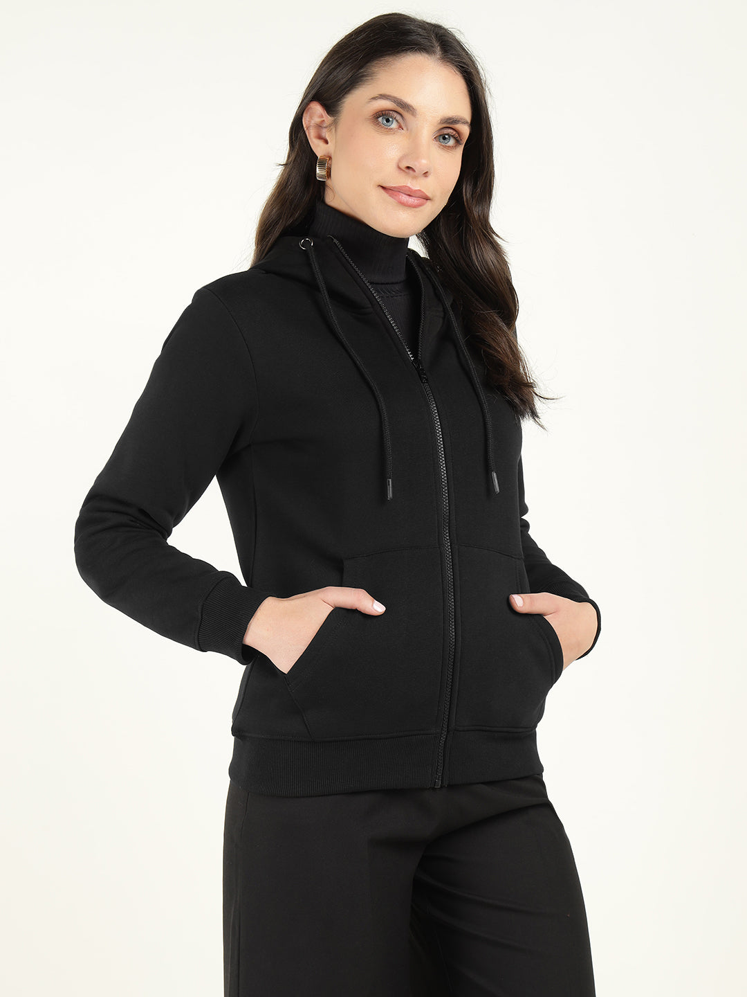 Hancock Women Black Solid Cotton Rich Regular Fit Casual Sweatshirt