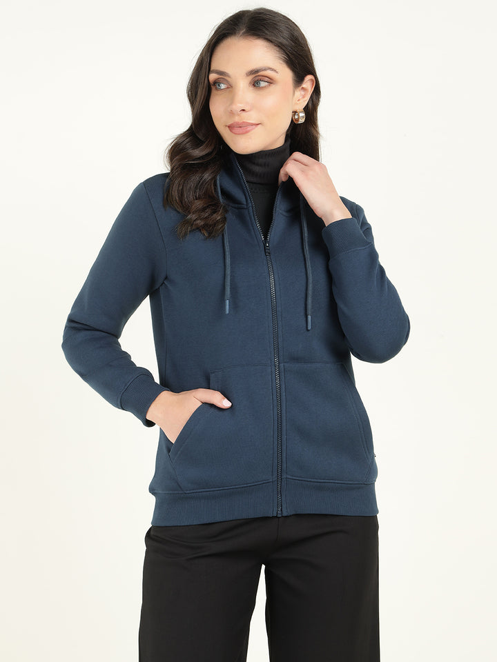 Women Navy Blue Solid Cotton Rich Regular Fit Casual Sweatshirt