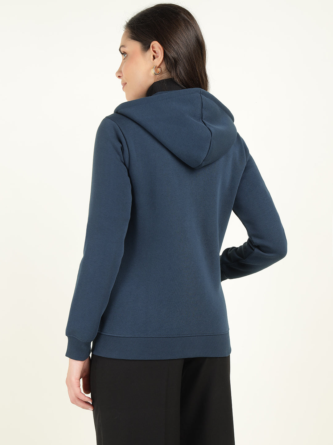 Women Navy Blue Solid Cotton Rich Regular Fit Casual Sweatshirt