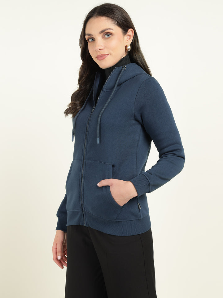 Women Navy Blue Solid Cotton Rich Regular Fit Casual Sweatshirt