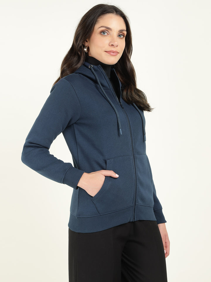 Women Navy Blue Solid Cotton Rich Regular Fit Casual Sweatshirt