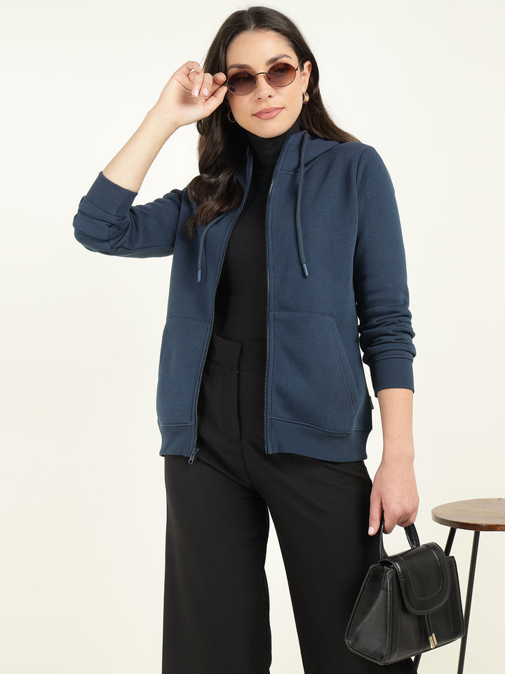 Women Navy Blue Solid Cotton Rich Regular Fit Casual Sweatshirt