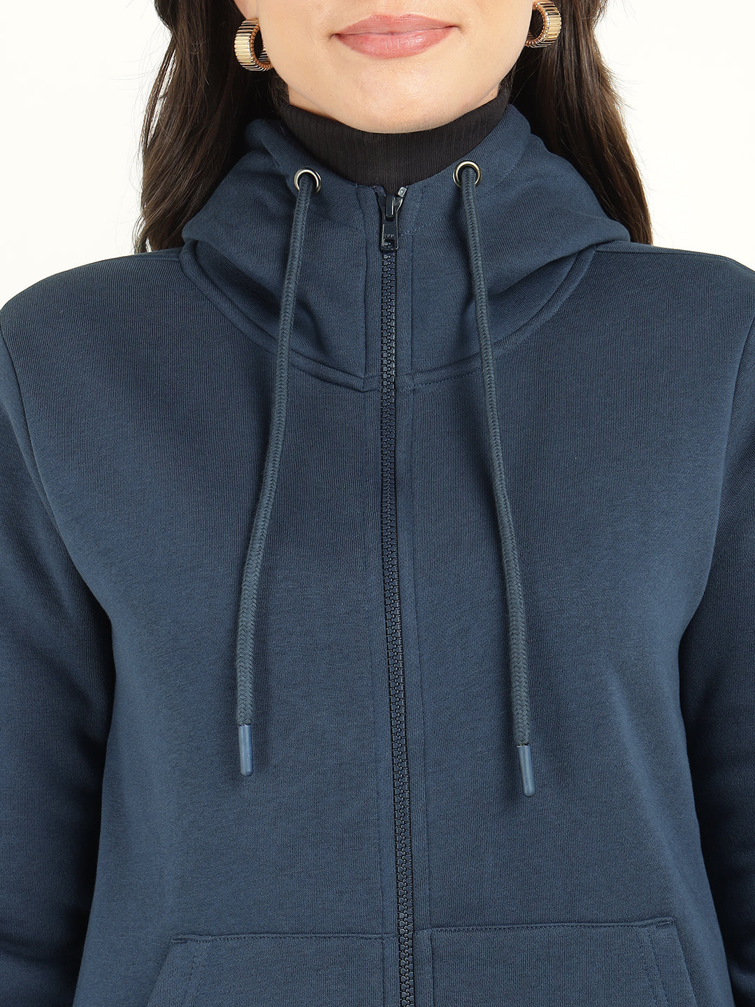 Women Navy Blue Solid Cotton Rich Regular Fit Casual Sweatshirt