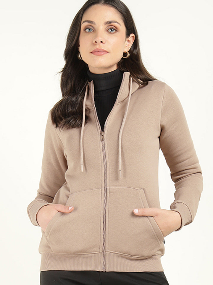 Women Beige Solid Cotton Rich Regular Fit Casual Sweatshirt