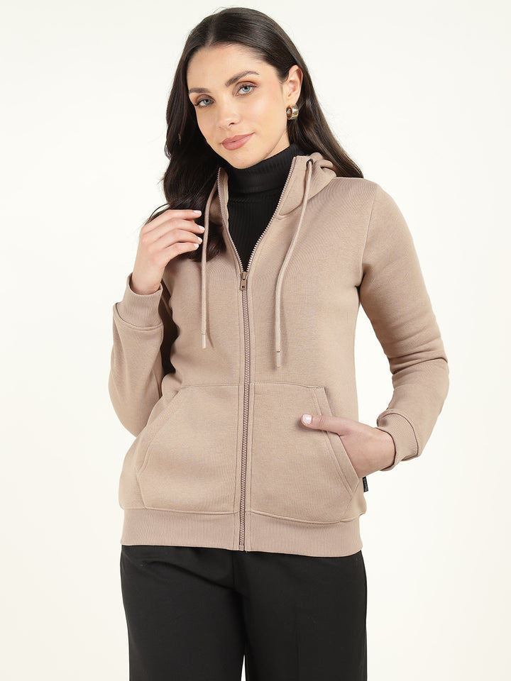 Women Beige Solid Cotton Rich Regular Fit Casual Sweatshirt