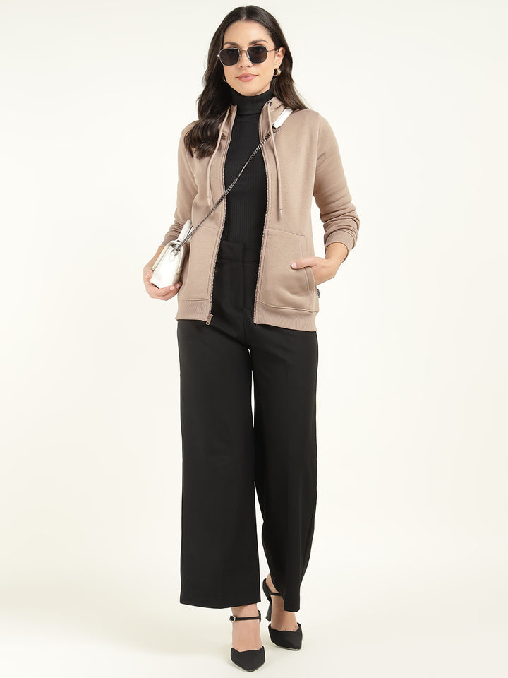 Women Beige Solid Cotton Rich Regular Fit Casual Sweatshirt