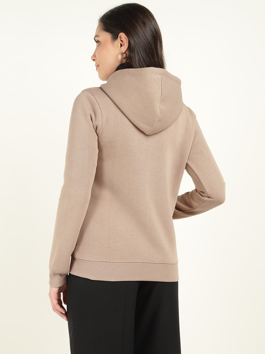 Women Beige Solid Cotton Rich Regular Fit Casual Sweatshirt