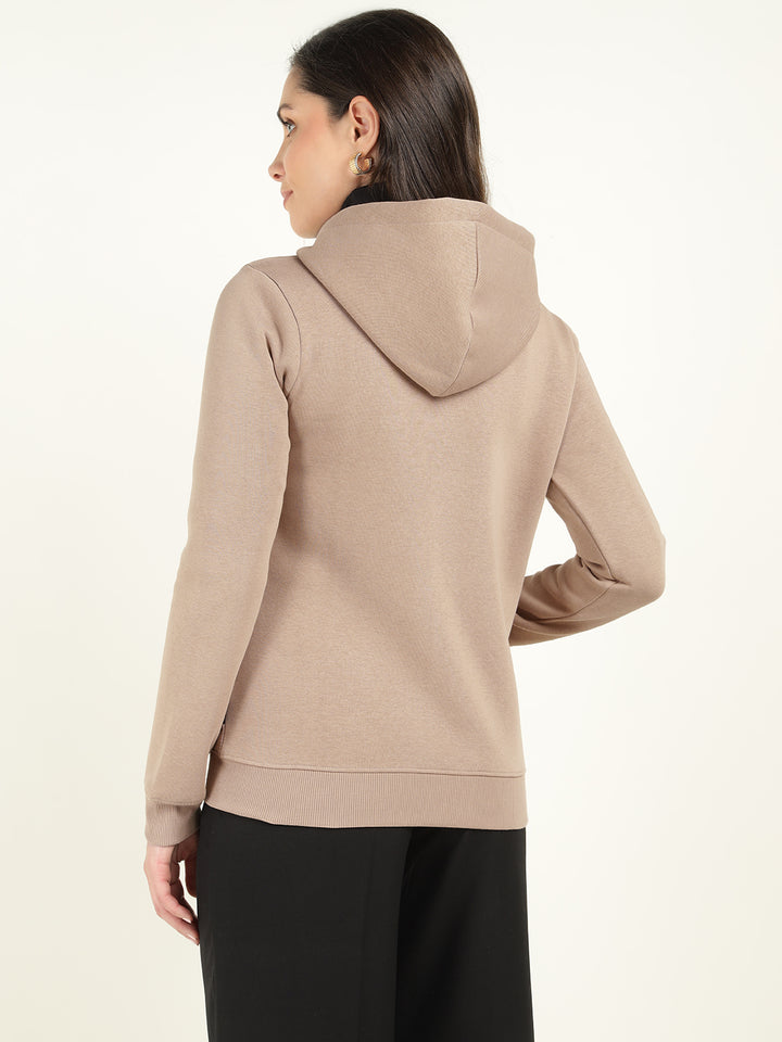 Women Beige Solid Cotton Rich Regular Fit Casual Sweatshirt