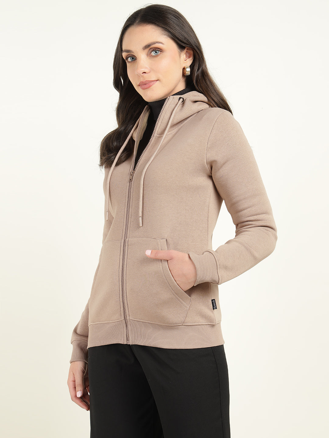 Women Beige Solid Cotton Rich Regular Fit Casual Sweatshirt
