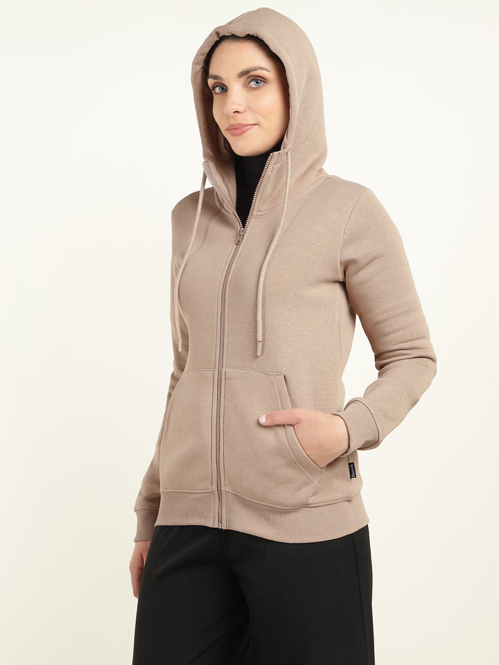 Women Beige Solid Cotton Rich Regular Fit Casual Sweatshirt