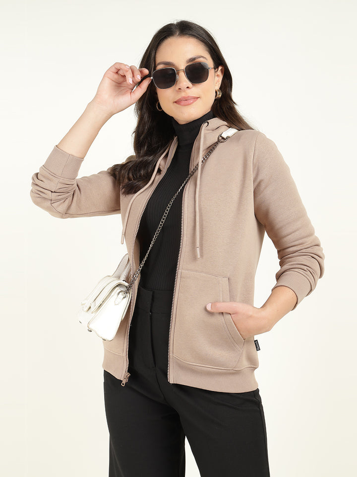 Women Beige Solid Cotton Rich Regular Fit Casual Sweatshirt