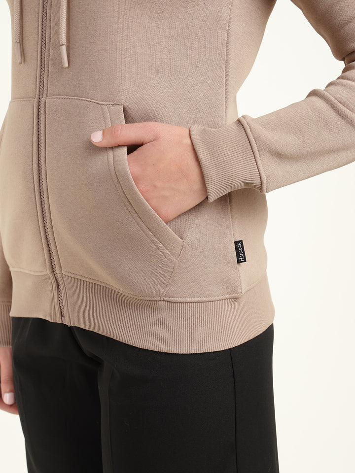 Women Beige Solid Cotton Rich Regular Fit Casual Sweatshirt