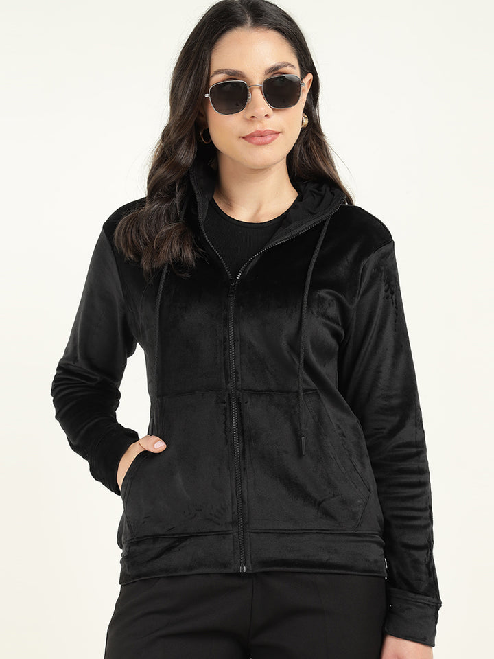 Women Black Solid Velvet And Polyester Regular Fit Casual Sweatshirt
