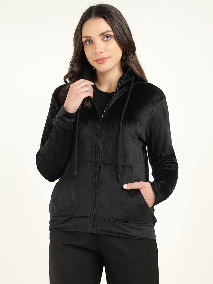 Women Black Solid Velvet And Polyester Regular Fit Casual Sweatshirt