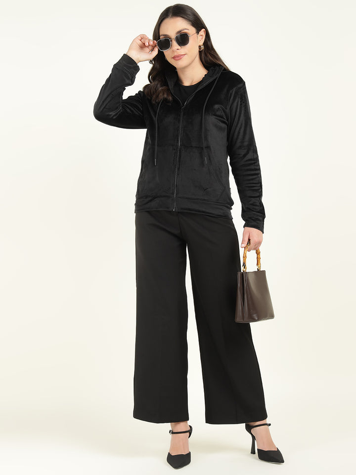 Women Black Solid Velvet And Polyester Regular Fit Casual Sweatshirt