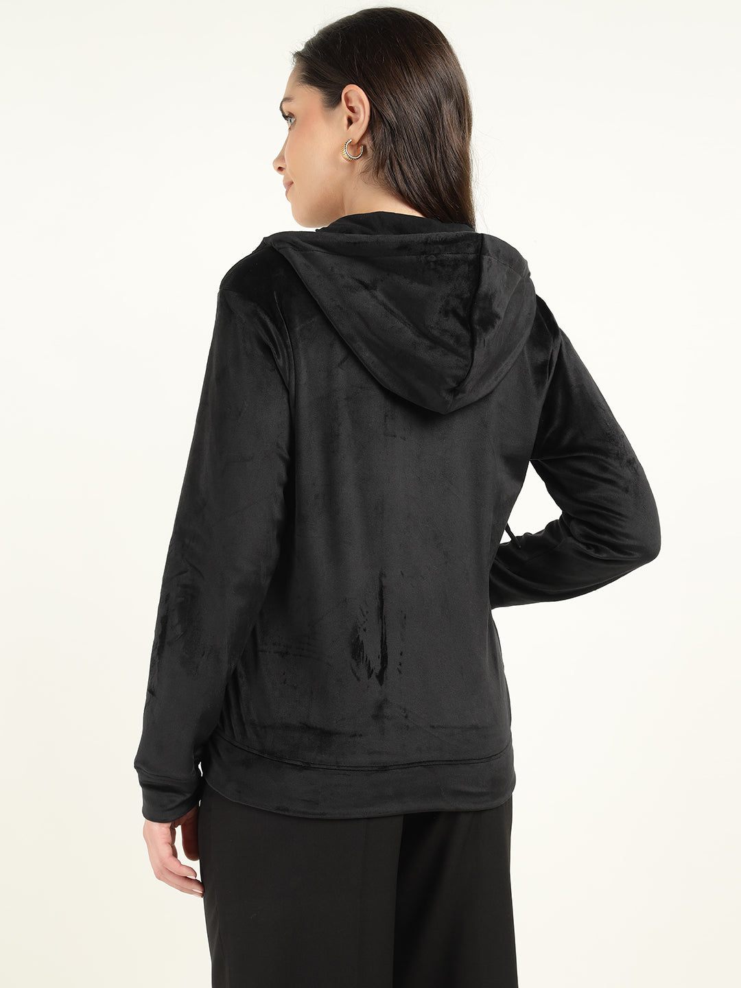 Women Black Solid Velvet And Polyester Regular Fit Casual Sweatshirt