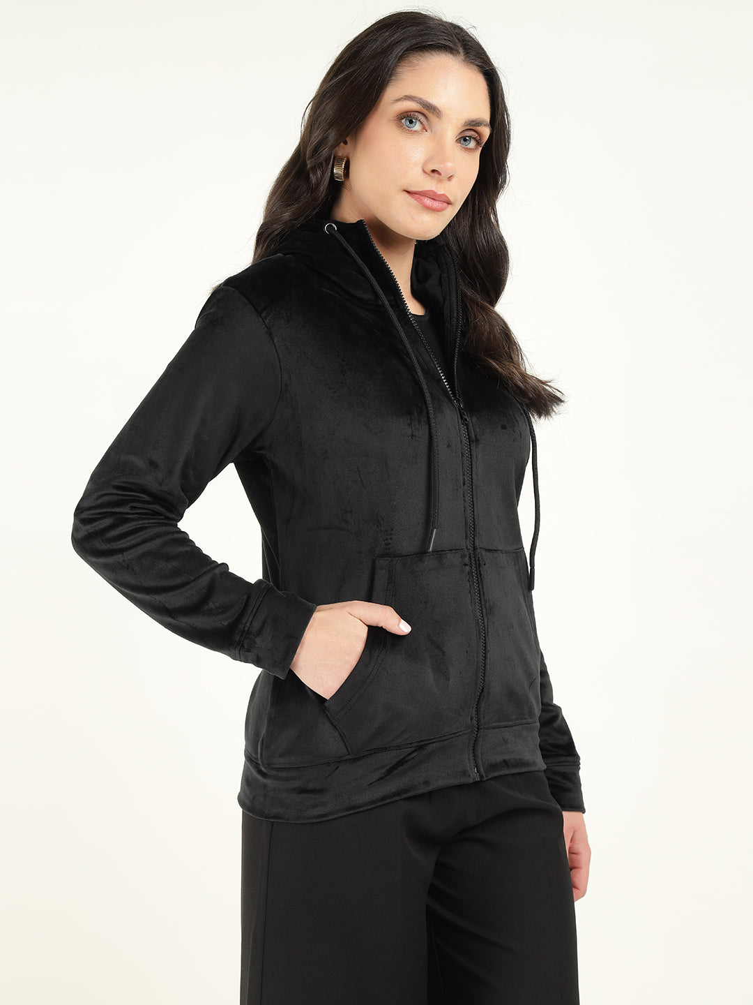 Women Black Solid Velvet And Polyester Regular Fit Casual Sweatshirt