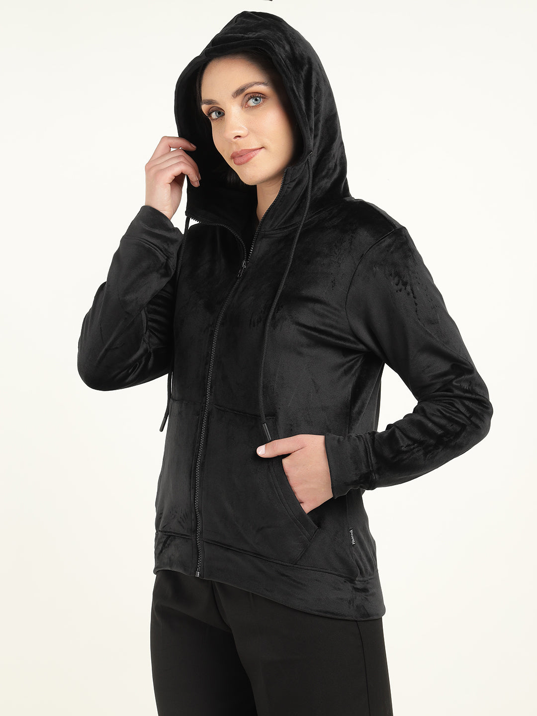 Women Black Solid Velvet And Polyester Regular Fit Casual Sweatshirt