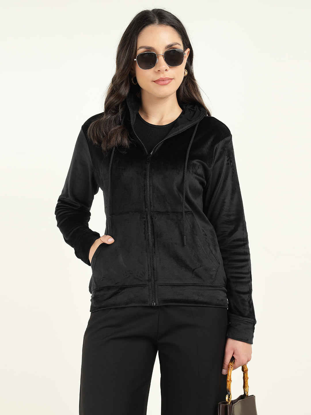 Women Black Solid Velvet And Polyester Regular Fit Casual Sweatshirt