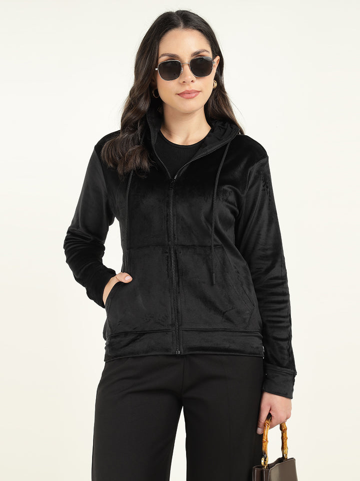 Women Black Solid Velvet And Polyester Regular Fit Casual Sweatshirt