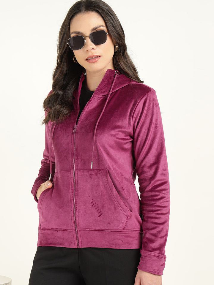 Women Magenta Solid Velvet And Polyester Regular Fit Casual Sweatshirt