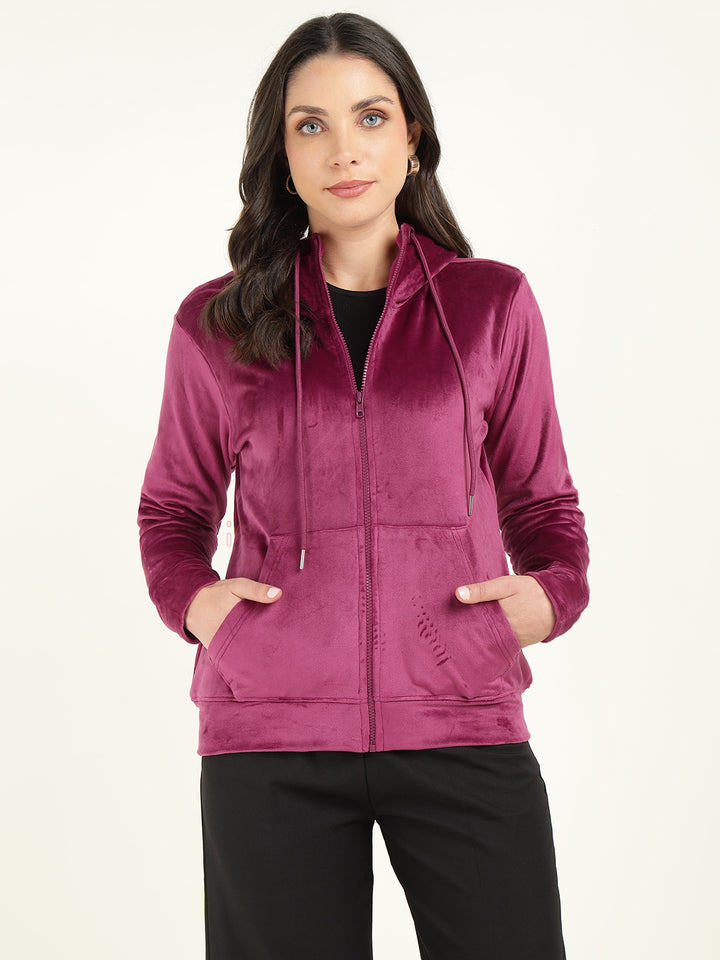 Women Magenta Solid Velvet And Polyester Regular Fit Casual Sweatshirt