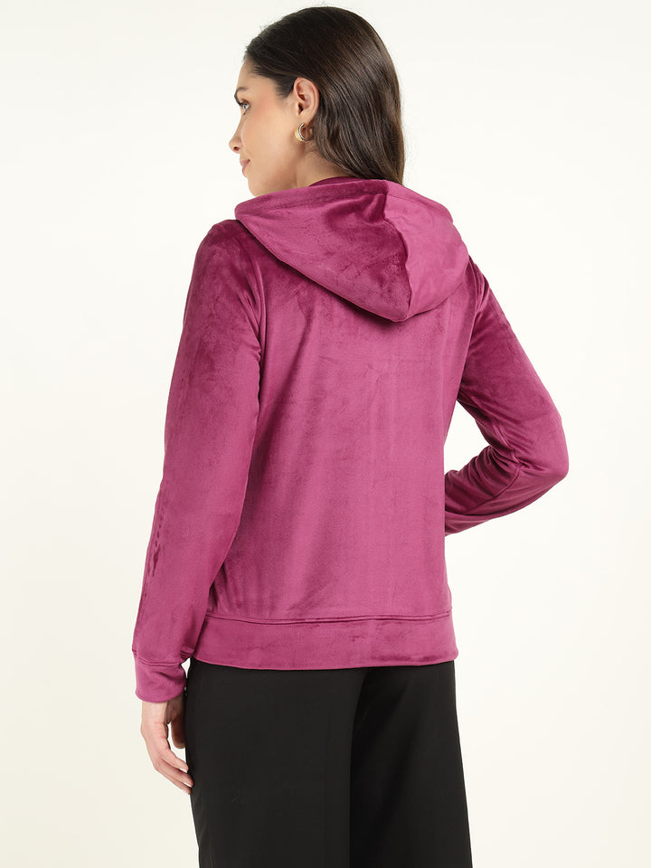 Women Magenta Solid Velvet And Polyester Regular Fit Casual Sweatshirt