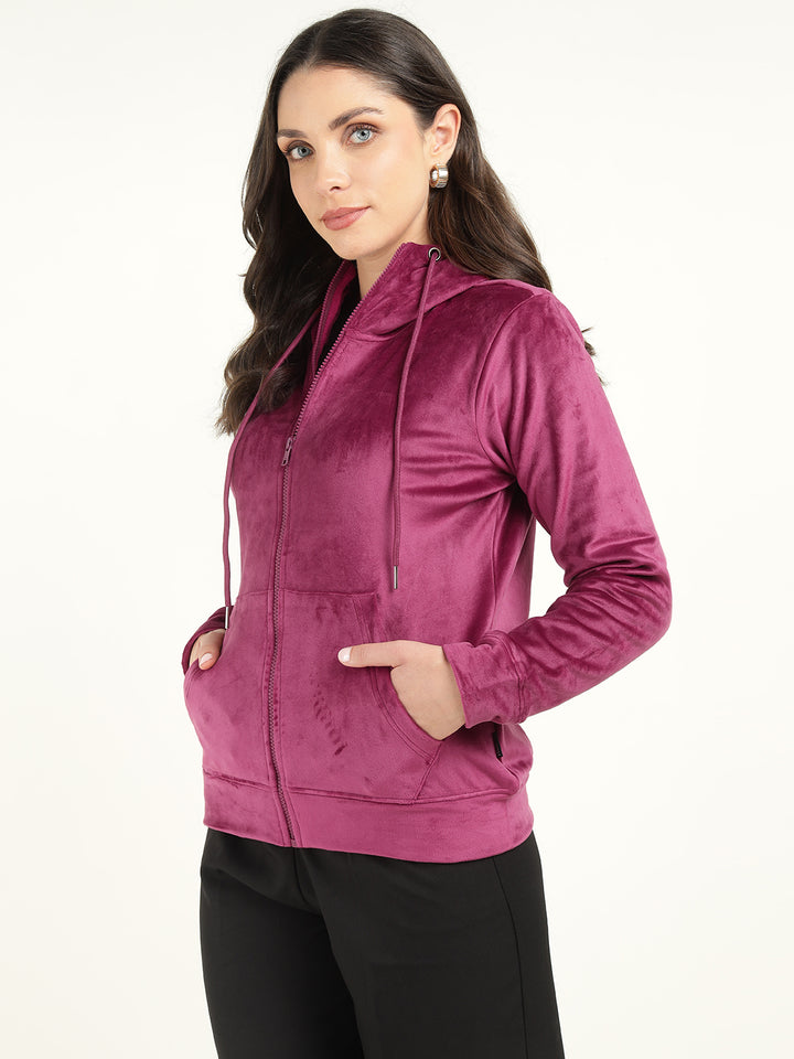 Women Magenta Solid Velvet And Polyester Regular Fit Casual Sweatshirt