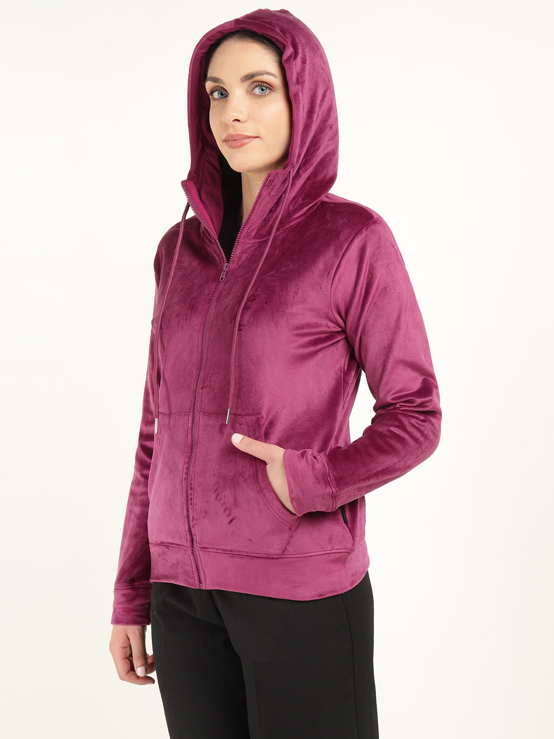 Women Magenta Solid Velvet And Polyester Regular Fit Casual Sweatshirt