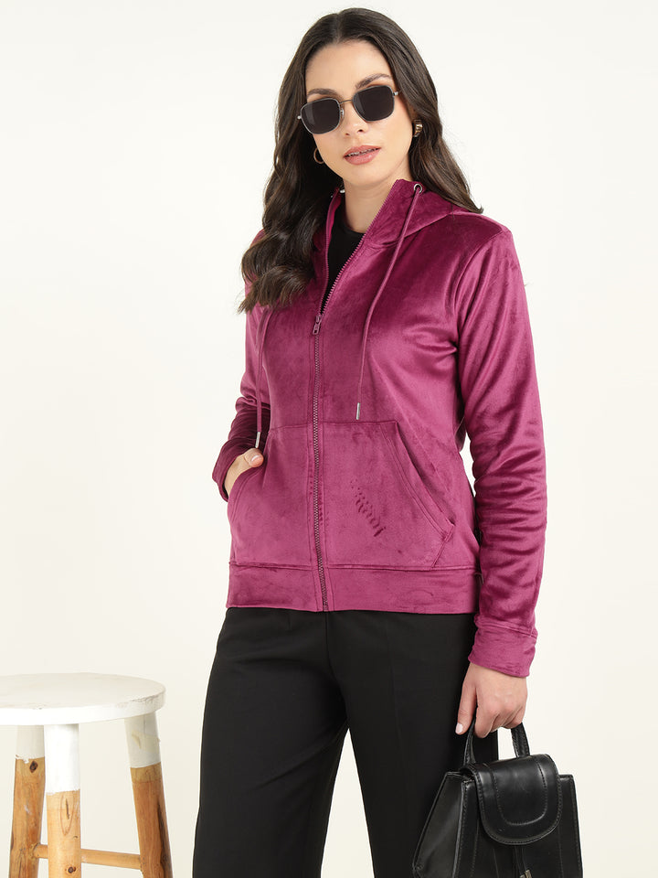 Women Magenta Solid Velvet And Polyester Regular Fit Casual Sweatshirt