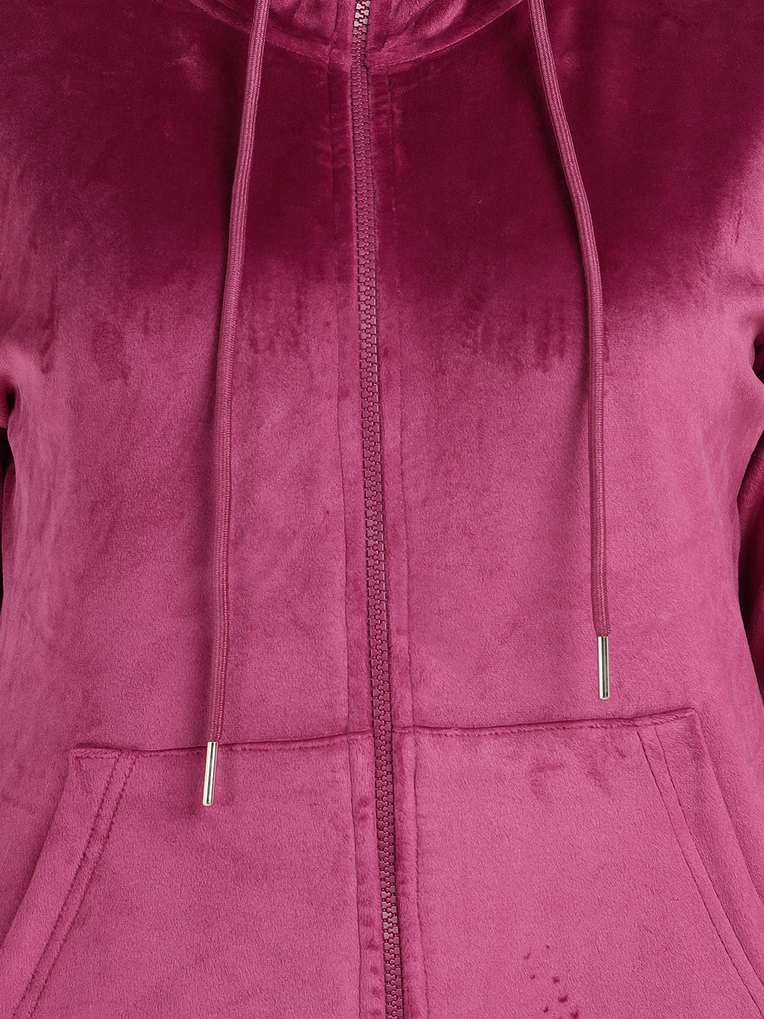 Women Magenta Solid Velvet And Polyester Regular Fit Casual Sweatshirt