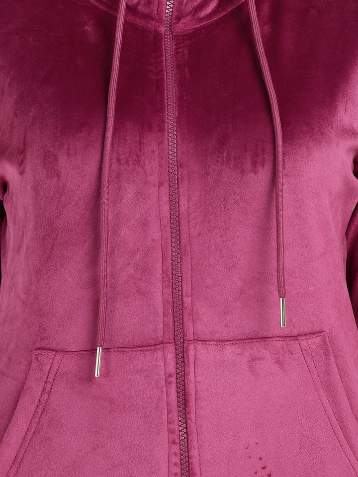Women Magenta Solid Velvet And Polyester Regular Fit Casual Sweatshirt