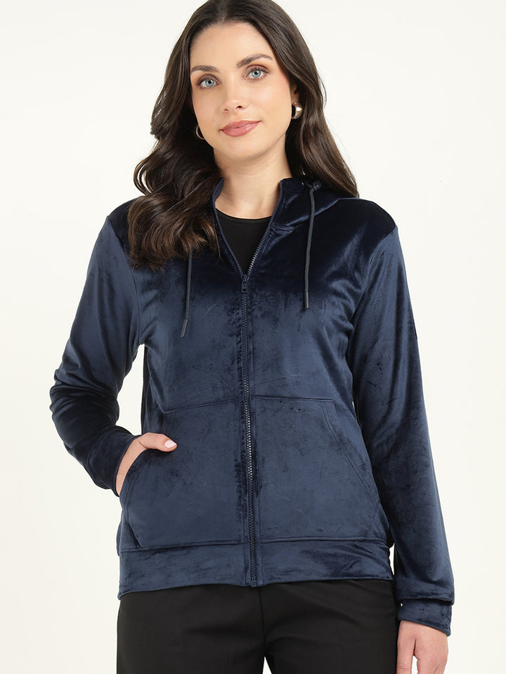 Women Navy Blue Solid Velvet And Polyester Regular Fit Casual Sweatshirt